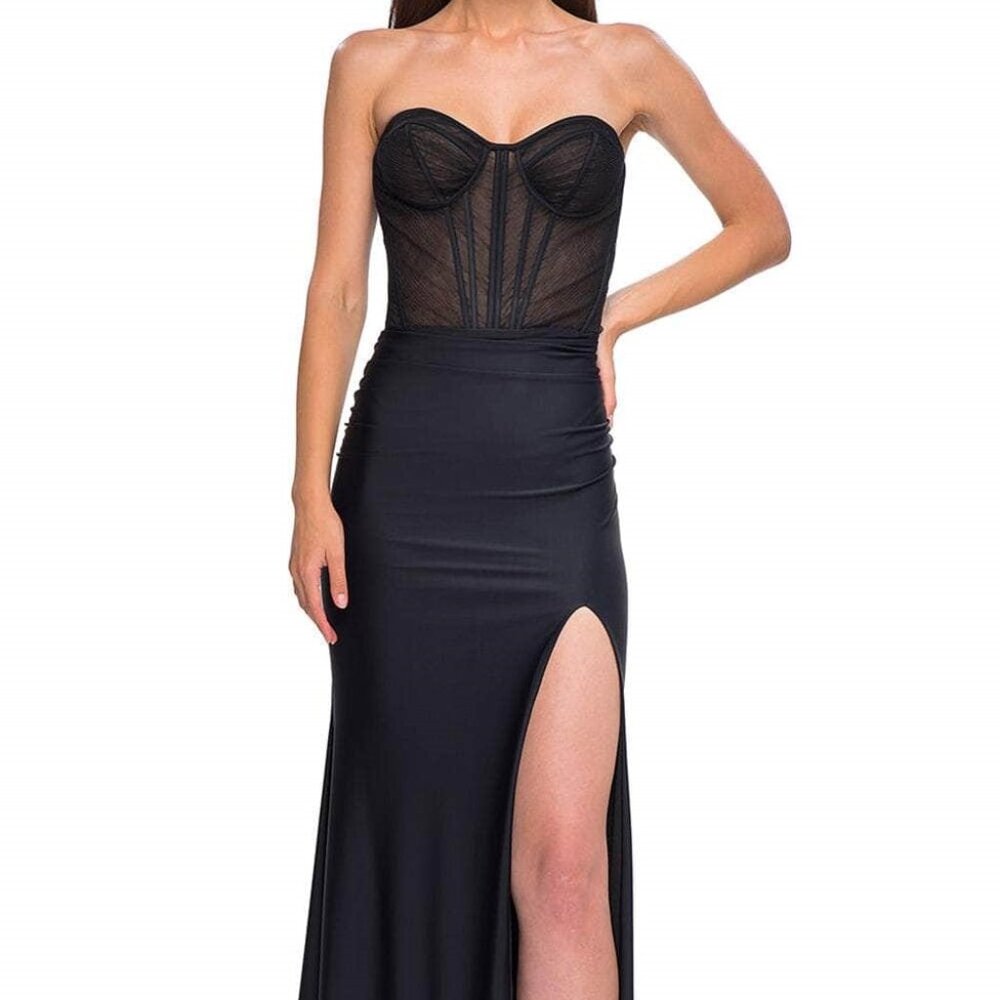 NWT La Femme 32971 Illusion Strapless Sweetheart Corset Prom Dress Black Size 2